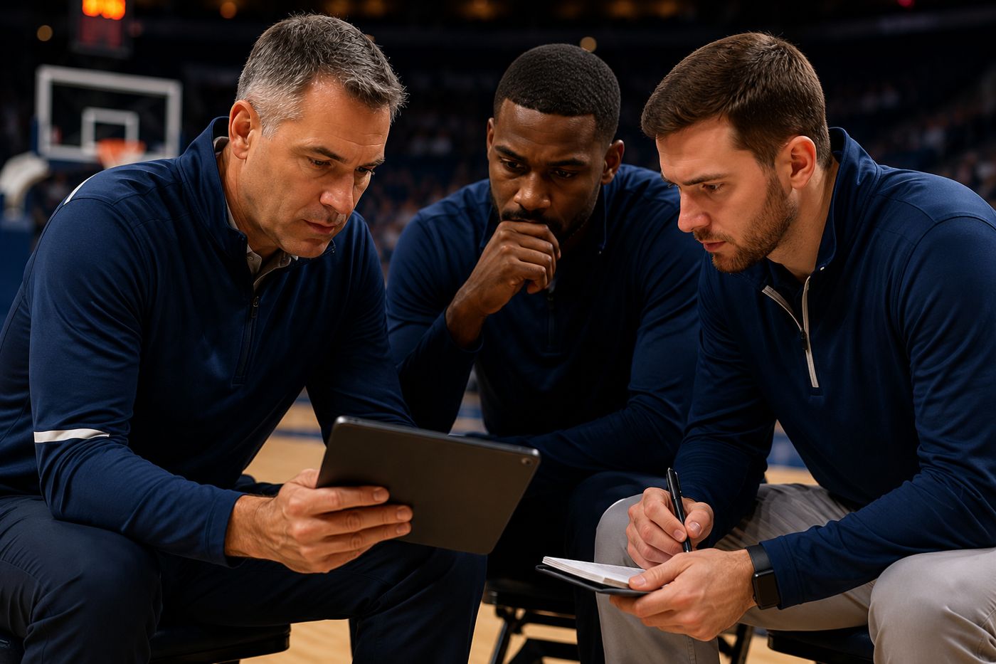 Coaching staff reviewing the report